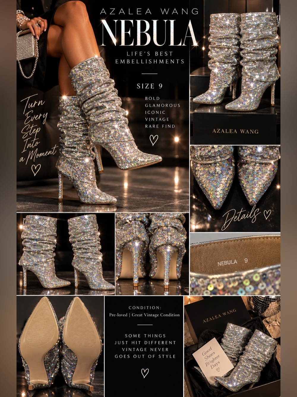 AZALEA WANG NEBULA " LIFES BEST EMBELLISHMENTS " Size: 9 SEQUIN BOOT IN SILVER
